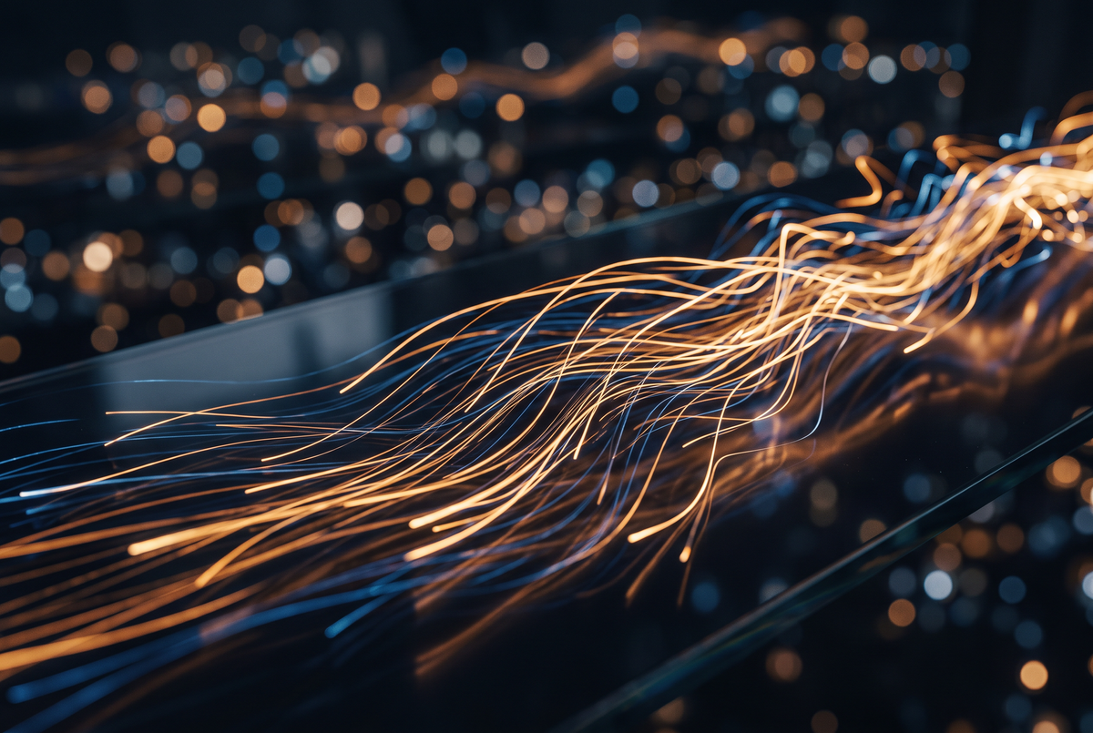 Abstract amber and blue financial market light trails over dark glass, illustrating consolidation in electronic bond trading