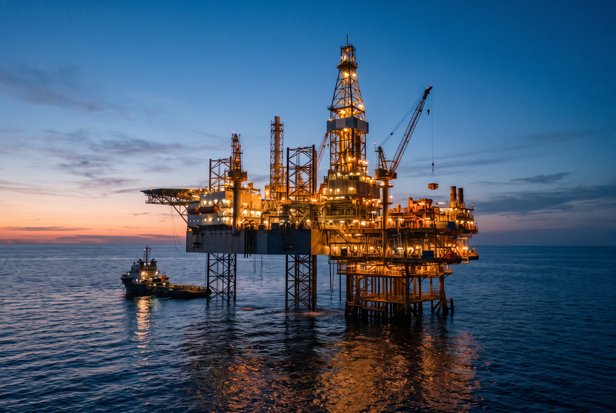 Offshore oil and gas drilling rig at dusk
