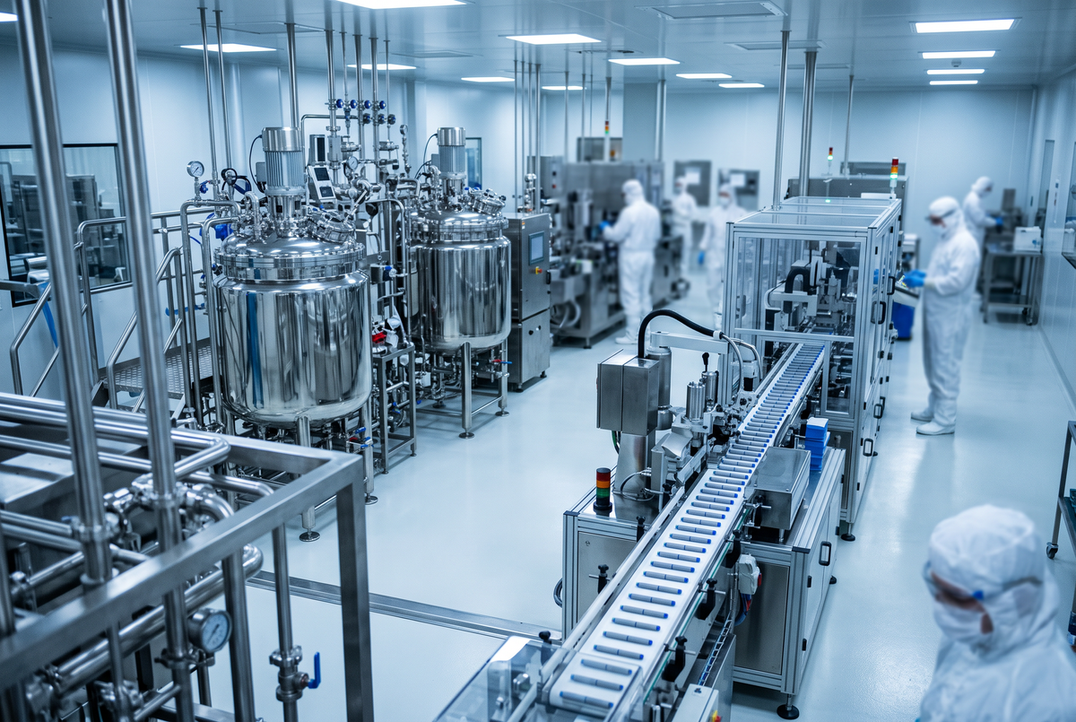Modern biopharmaceutical sterile manufacturing cleanroom with automated injectable medicine fill line