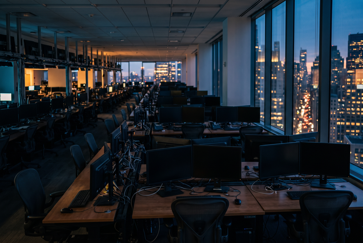 Dim trading floor at dusk, suggesting stress in private credit markets