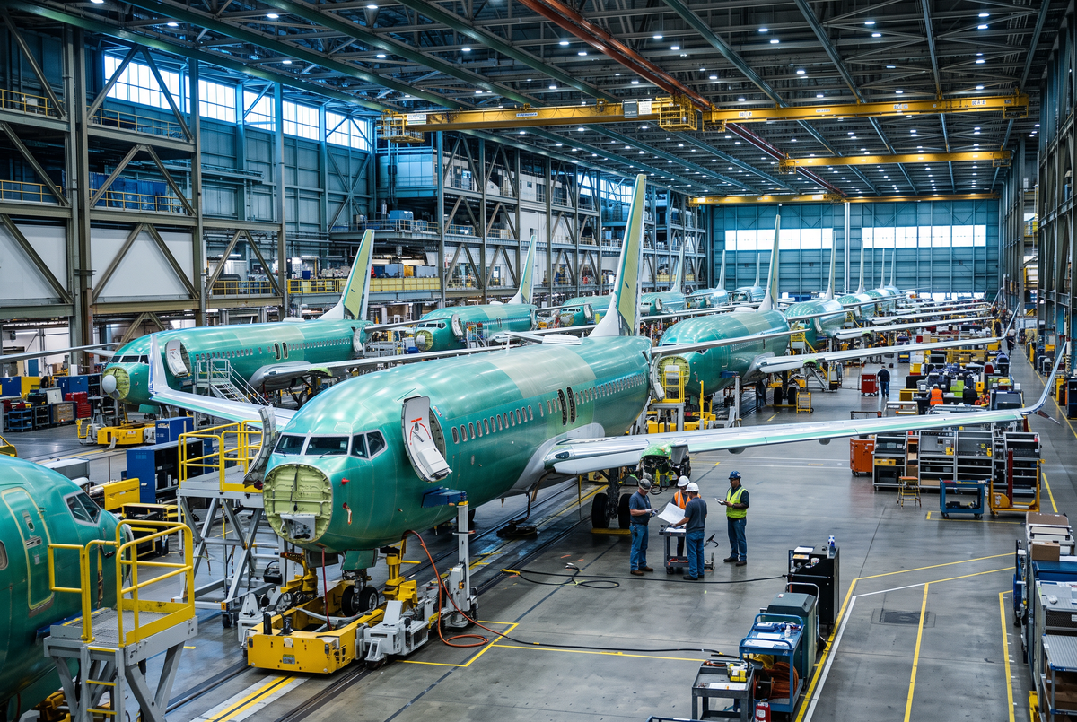 A commercial jet final assembly line with partially built fuselages inside an aircraft factory