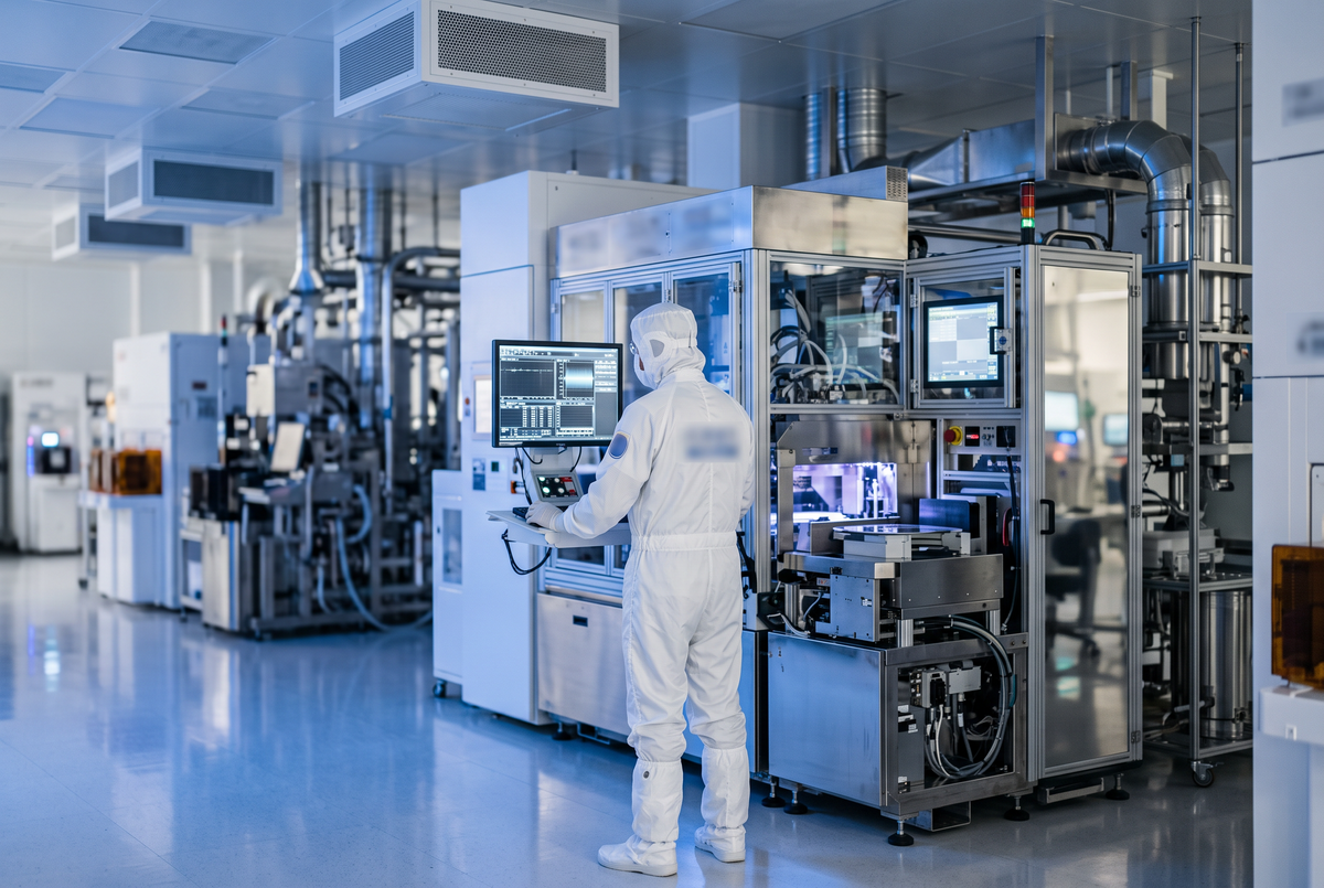 A technician in a white cleanroom suit working in a semiconductor fabrication facility