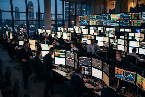 A financial trading floor with monitors showing abstract market data, illustrating a capital markets data acquisition
