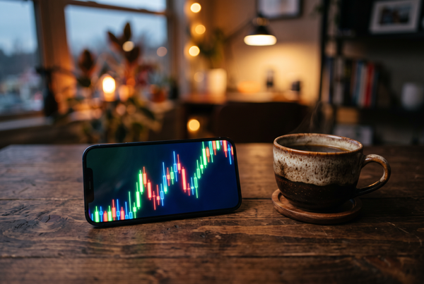 A smartphone displaying a glowing abstract candlestick chart, representing a retail trading earnings report