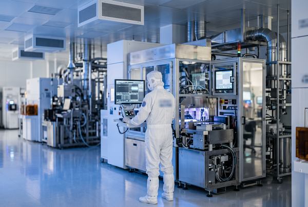 A technician in a white cleanroom suit working in a semiconductor fabrication facility