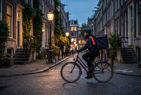 A delivery courier on a bicycle rides through a city street at dusk